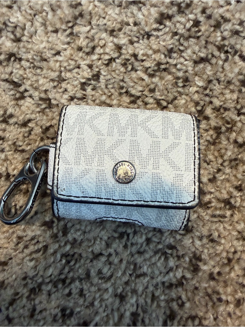 Michael Kors White MK Logo AirPod Holder with Silver Hardware